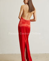 Midnight Elegance Pleated Satin Maxi Dress (Red) - Palazzo Couture Online