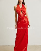 Midnight Elegance Pleated Satin Maxi Dress (Red) - Palazzo Couture Online