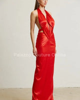 Midnight Elegance Red Satin Dress – Pleated Maxi Gown close up detail of pleated design and fabric