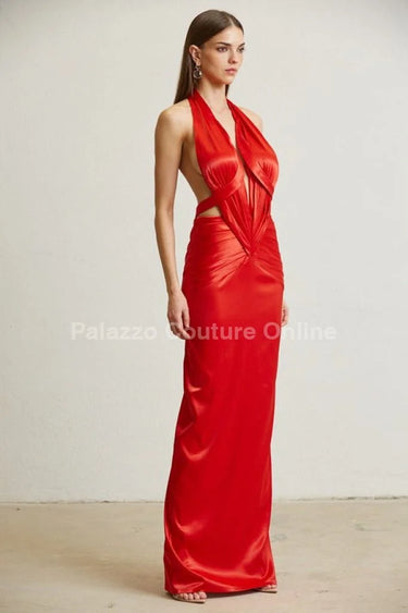 Midnight Elegance Red Satin Dress – Pleated Maxi Gown close up detail of pleated design and fabric