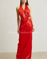 Midnight Elegance Red Satin Dress – Pleated Maxi Gown front view showing full-length maxi silhouette