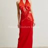 Midnight Elegance Red Satin Dress – Pleated Maxi Gown front view showing full-length maxi silhouette