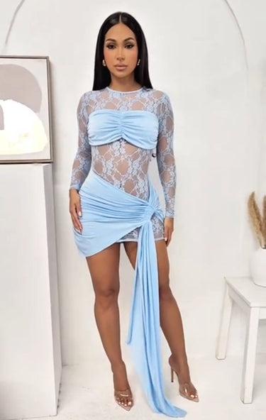 Midnight Lace Illusion Mini Dress - Baby Blue - Palazzo Couture Online