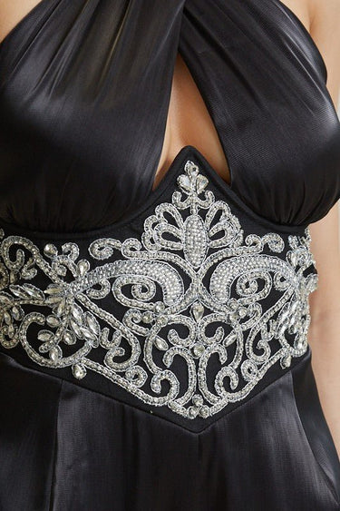 Wide-leg halter jumpsuit in black with structured bra support