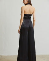 Black formal jumpsuit with rhinestone-embroidered waistband detail