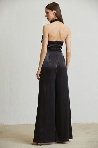 Black formal jumpsuit with rhinestone-embroidered waistband detail