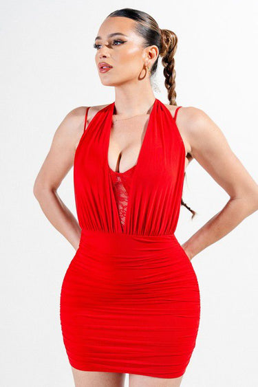 Midnight Muse Halter Lace Mini Dress - Red - Palazzo Couture Online