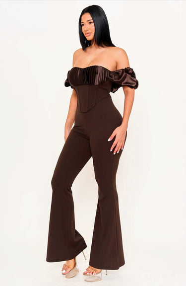 Midnight Muse Off - Shoulder Corset Jumpsuit - Chocolate - Palazzo Couture Online