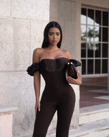 Midnight Muse Off - Shoulder Corset Jumpsuit - Chocolate - Palazzo Couture Online