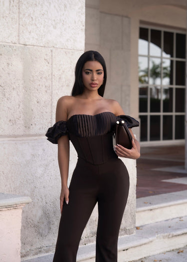 Midnight Muse Off - Shoulder Corset Jumpsuit - Chocolate - Palazzo Couture Online