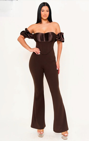 Midnight Muse Off - Shoulder Corset Jumpsuit - Chocolate - Palazzo Couture Online