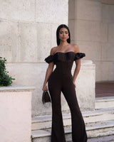 Midnight Muse Off - Shoulder Corset Jumpsuit - Chocolate - Palazzo Couture Online