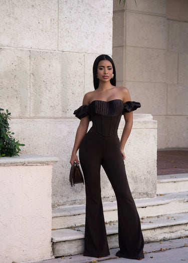 Midnight Muse Off - Shoulder Corset Jumpsuit - Chocolate - Palazzo Couture Online