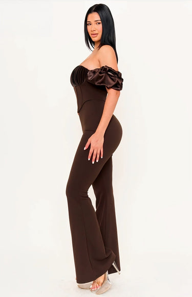 Midnight Muse Off - Shoulder Corset Jumpsuit - Chocolate - Palazzo Couture Online