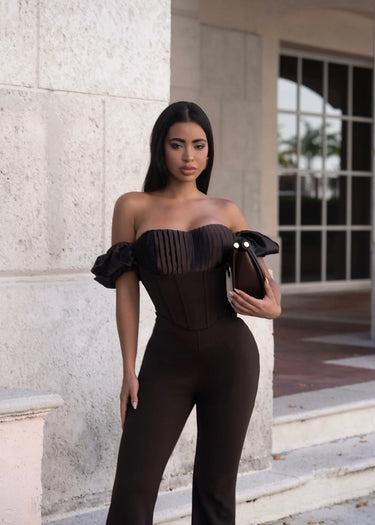 Midnight Muse Off-Shoulder Corset Jumpsuit - Chocolate - elegant jumpsuit for parties and events