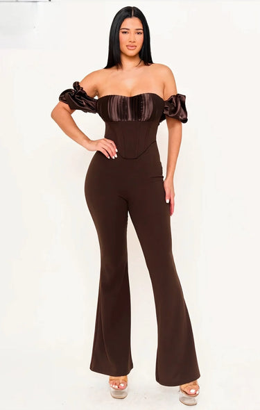 Midnight Muse Off-Shoulder Corset Jumpsuit - Chocolate for women - stylish jumpsuit by Palazzo Couture