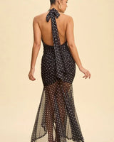 Midnight Muse Polka Dot Ruffle Maxi Dress – Black/White close up detail of polka dot design and fabric