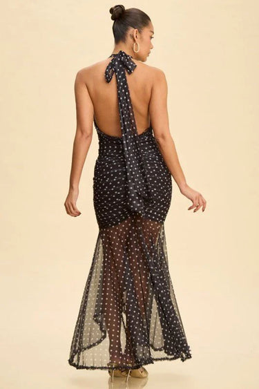 Midnight Muse Polka Dot Ruffle Maxi Dress – Black/White close up detail of polka dot design and fabric