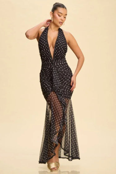 Midnight Muse Polka Dot Ruffle Maxi Dress – Black/White front view showing full-length maxi silhouette