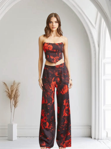 Midnight Rose Corset Pant Set - BlackRed - Palazzo Couture Online
