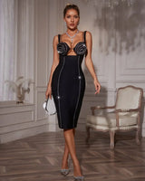 Elegant  bandage midi dress on model styled for evening