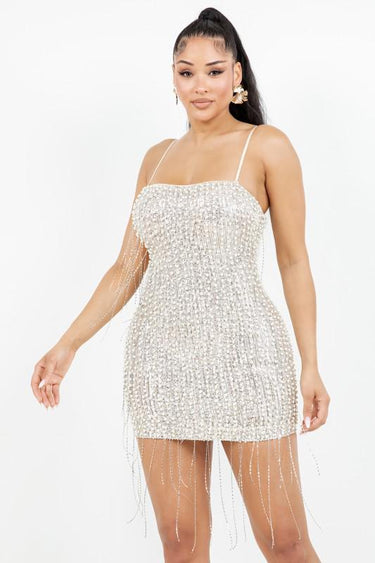 Midnight Sparkle Pearl Fringe Mini Dress - Silver - Palazzo Couture Online