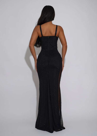 Midnight Stardust Rhinestone High - Slit Maxi Dress - Black - Palazzo Couture Online