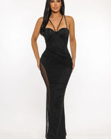 Midnight Stardust Rhinestone High-Slit Maxi Dress- Black close up detail of slit design and fabric