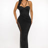 Midnight Stardust Rhinestone High-Slit Maxi Dress- Black close up detail of slit design and fabric