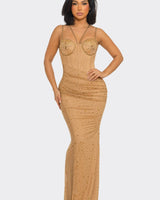 Midnight Stardust Rhinestone High - Slit Maxi Dress - Nude - Palazzo Couture Online