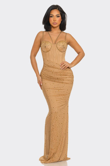 Midnight Stardust Rhinestone High - Slit Maxi Dress - Nude - Palazzo Couture Online
