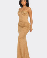 Midnight Stardust Rhinestone High-Slit Maxi Dress- Nude close up detail of slit design and fabric