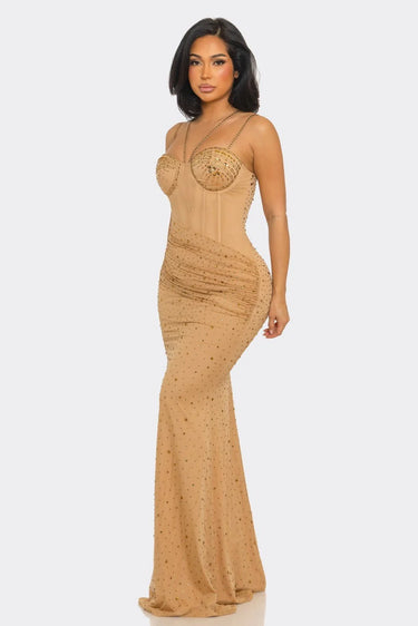 Midnight Stardust Rhinestone High-Slit Maxi Dress- Nude close up detail of slit design and fabric