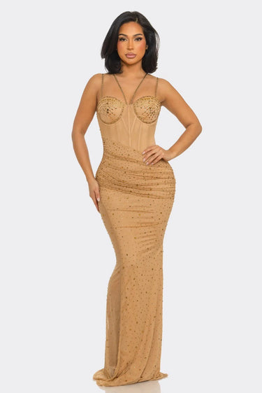 Midnight Stardust Rhinestone High-Slit Maxi Dress- Nude front view showing full-length maxi silhouette