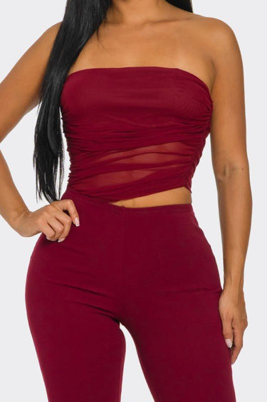 Midnight Temptation Mesh Jumpsuit - Wine - Palazzo Couture Online