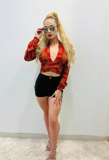 milan red crop top geometric pattern detail