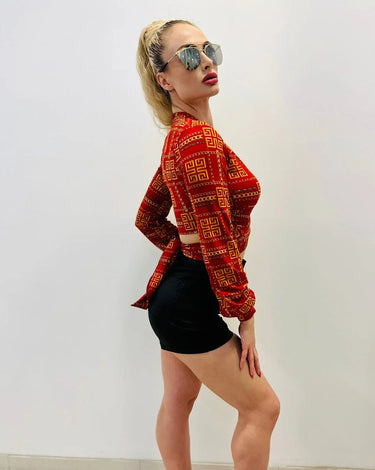 long sleeve red crop top fitted waist view