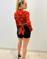 patterned red crop top stretch fabric detail