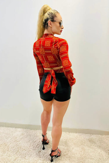 patterned red crop top stretch fabric detail