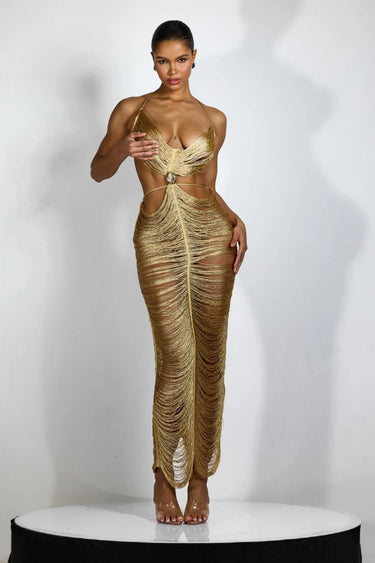 Mirage Drape Cover Up Maxi Dress - Gold for women - beach cover up by Palazzo Couture