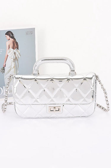Quilted Mirror Metallic Faux Leather Top Handle Bag – Chain Strap