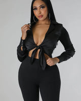 Monaco Black Silk Blouse with Pearl Detail Tie Front side view showing fit and silhouette