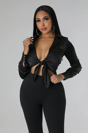 Monaco Black Silk Blouse with Pearl Detail Tie Front side view showing fit and silhouette