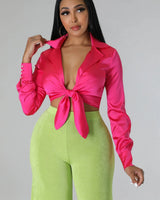 Monaco Silk Fuchsia Blouse – Satin Tie-Front Crop Top front view showing long sleeve design