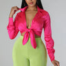 Monaco Silk Fuchsia Blouse – Satin Tie-Front Crop Top front view showing long sleeve design