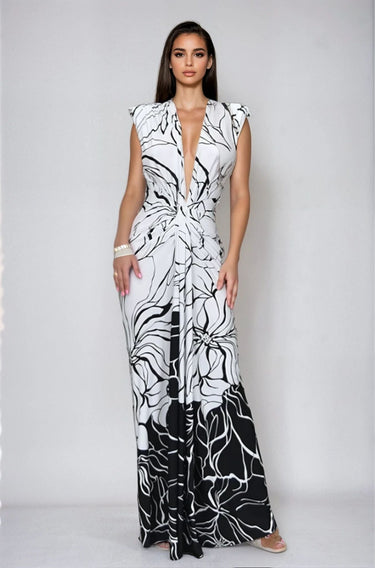 Monochrome Bloom Draped Maxi Dress - Black/White - Palazzo Couture Online