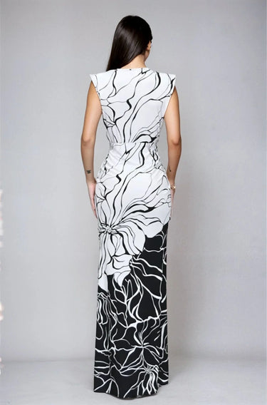 Women's Black/White maxi dress draped style back view