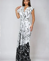 Monochrome Bloom Draped Maxi Dress - Black/White close up detail of draped design and fabric