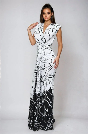 Monochrome Bloom Draped Maxi Dress - Black/White close up detail of draped design and fabric