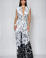 Monochrome Bloom Draped Maxi Dress - Black/White front view showing full-length maxi silhouette